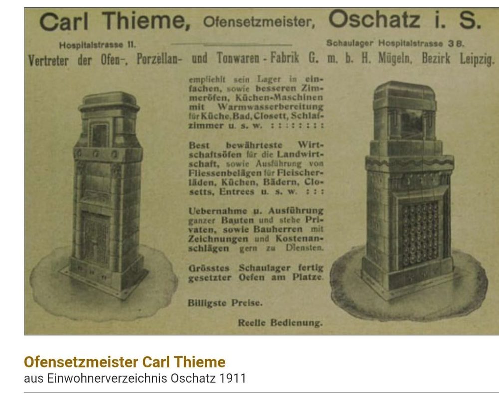 Historische Anzeige: Carl Thieme, Ofensetzmeister, Oschatz in Sachsen