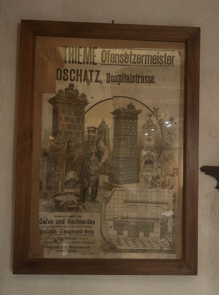 Historisches Firmenplakat: Thieme Ofensetzermeister, Oschatz, Hospitalstrasse, Oefen und Kochherden