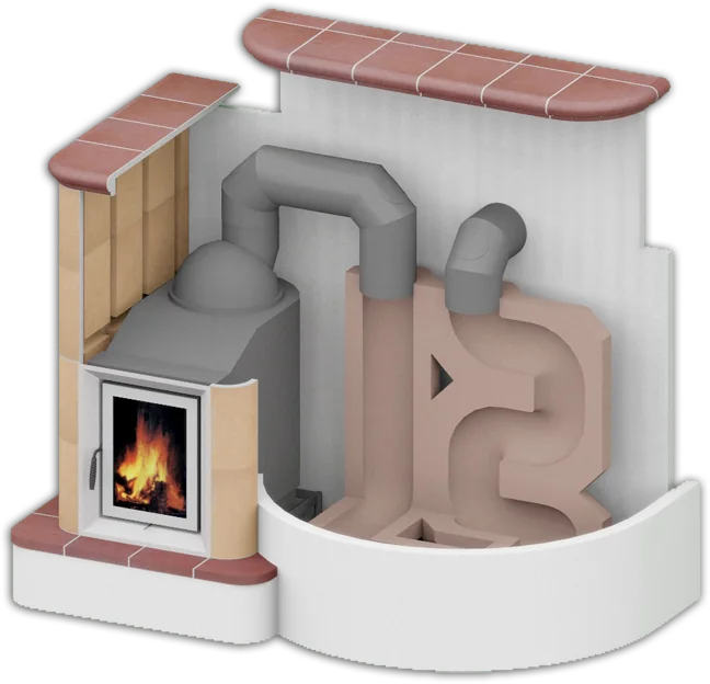 Schnittzeichnung eines Warmluftkachelofens: Heizeinsatz mit Sichtscheibe, graue Warmluftrohre nach oben, dahinter der Schamotte-Speicher